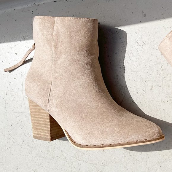 Taupe Faux Suede Pointed Toe Rivet Mini Studded Block Heel Ankle Bootie Boot - Picture 15 of 16